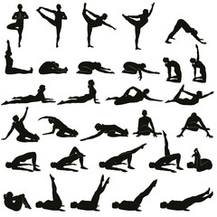 Silhouettes of woman doing yoga and fitness exercises.  Vector icons of flexible girl stretching and relaxing her body in different yoga poses. Black shapes of yoga woman isolated on white background.