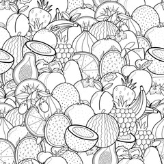 Doodle fruits seamless pattern for coloring book. Food coloring page. Black and white background with coconut, dragon fruit, watermelon, etc. Vector illustration