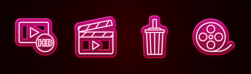 Set line Hd movie, tape, frame, Movie clapper, Paper glass with water and Film reel. Glowing neon icon. Vector