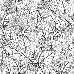 Doodle leaves black and white seamless pattern. Floral print for coloring book. Autumn colouring page. Vector illustration