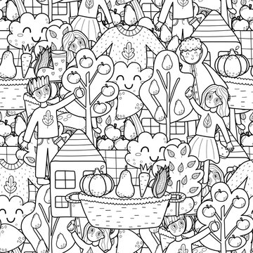 Black and white autumn seamless pattern. Fall coloring page. Outline background with harvesting kids, sweater, cloud. Vector illustration