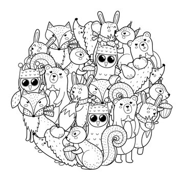 Cute woodland animals circle shape pattern for coloring book. Autumn forest characters mandala coloring page. Black and white print with squirrel, owl, fox, bear, rabbit and other. Vector illustration