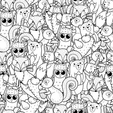 Cute woodland animals seamless pattern for coloring book. Autumn forest characters black and white coloring page. Backdrop with squirrel, owl, fox, bear, rabbit and other. Vector illustration