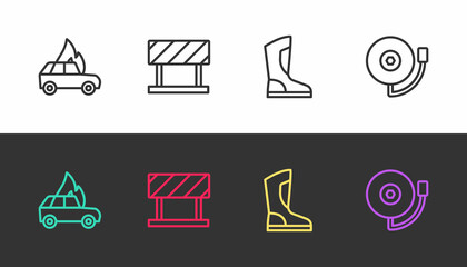 Set line Burning car, Road barrier, Fire boots and Ringing alarm bell on black and white. Vector