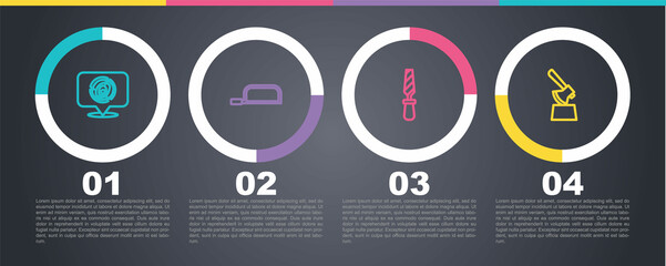 Set line Wooden logs, Hacksaw, Rasp metal file and axe in stump. Business infographic template. Vector