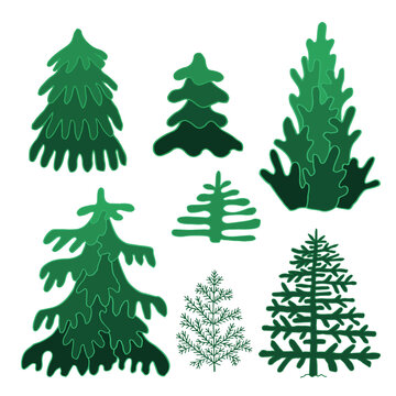 Set of doodle green tree spruce line art. Hand drawn vector illustration. Forest pine. Christmas winter graphics simple sketch. Isolated design elements.