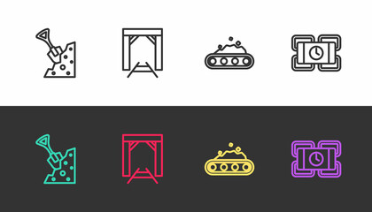 Set line Shovel and stone, Mine entrance, Conveyor belt carrying coal and Dynamite on black and white. Vector