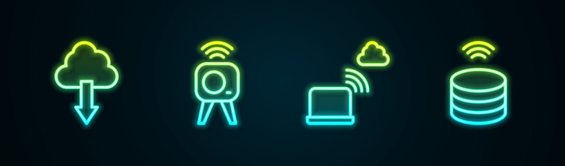 Set line Cloud download, Web camera, Network cloud connection and Smart data server. Glowing neon icon. Vector