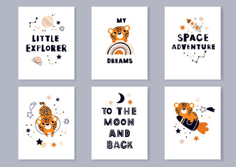 Leopard on a space rocket. Lettering on the theme of cosmos .A set of posters for the children's room.