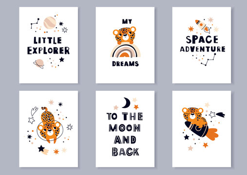 Leopard on a space rocket. Lettering on the theme of cosmos .A set of posters for the children's room.