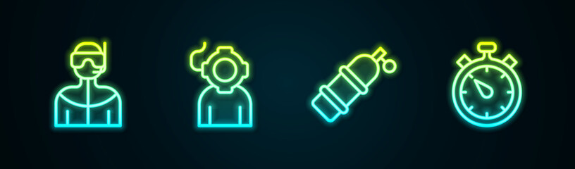 Set line Wetsuit for scuba diving, Aqualung, and Stopwatch. Glowing neon icon. Vector