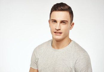 Fototapeta premium joyful man gesturing with his hands emotions good mood close-up