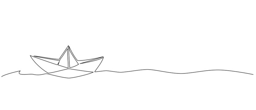 continuous single line paper boat on water, line art vector illustration