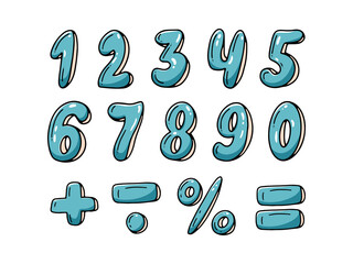 Numeral set from 0 to 10, mathematical signs plus, minus, equals, percentage isolated on white background. Vector bubble illustration, in hand-drawn style. Doodle icons with numbers