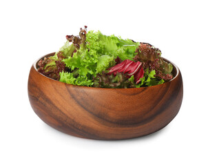 Wooden bowl with leaves of different lettuce on white background