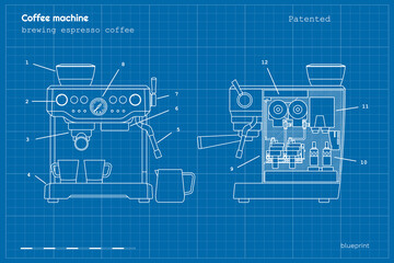 Espresso coffee machine blueprint. Outline drawing of coffeemaker. Industrial linear concept