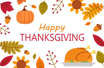 Thanksgiving Greetings. Background with pumpkin, Fall leaves and turkey bird, vector illustration