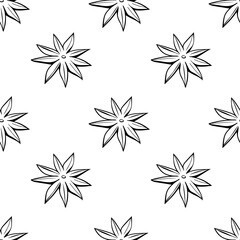 Fototapeta na wymiar Vector seamless pattern of outline star anise in doodle style, isolated. Cooking background or texture with spice, ingredient, component for hot drinks, mulled wine and food