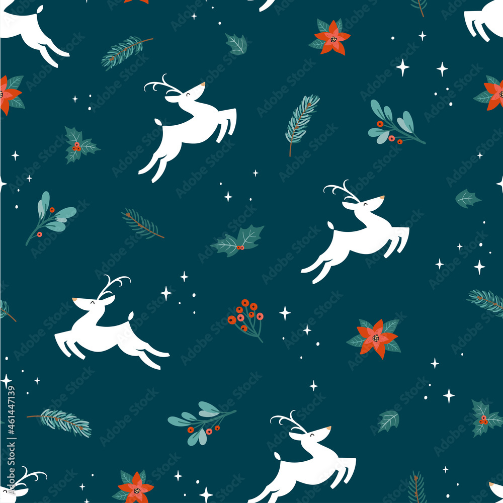 Wall mural Cute hand drawn christmas seamless pattern with white reindeer and decoration, branches, flowers, berries, great for banners, wallpapers, wrapping, textiles - vector design