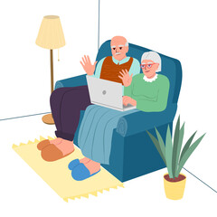 Elderly people sit on the couch and use a laptop. Grandparents chat online.Old people use internet. 