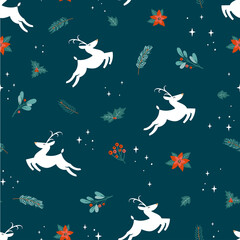 Cute hand drawn christmas seamless pattern with white reindeer and decoration, branches, flowers, berries, great for banners, wallpapers, wrapping, textiles - vector design