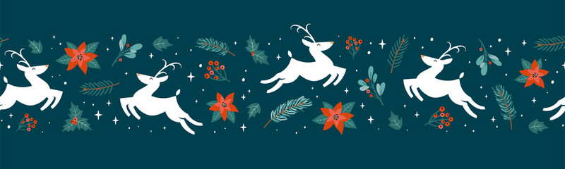 Cute hand drawn christmas seamless pattern with white reindeer and decoration, branches, flowers, berries, great for banners, wallpapers, wrapping, textiles - vector design