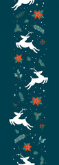 Cute hand drawn christmas seamless pattern with white reindeer and decoration, branches, flowers, berries, great for banners, wallpapers, wrapping, textiles - vector design