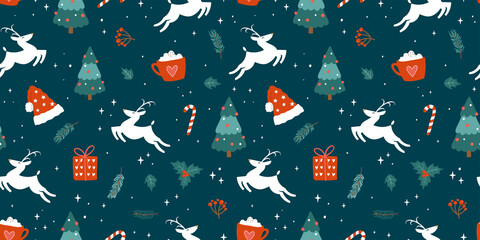 Cute hand drawn christmas seamless pattern with white reindeer and decoration, branches, flowers, berries, great for banners, wallpapers, wrapping, textiles - vector design