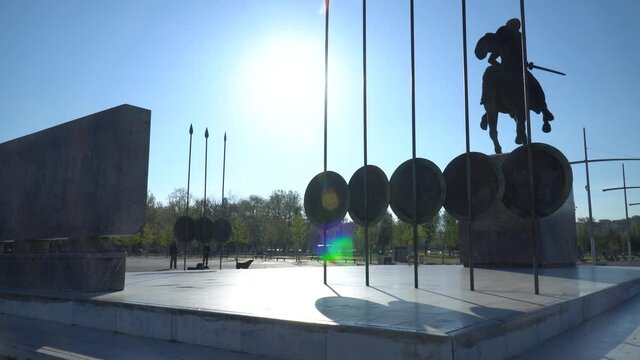 Slow pan, wide shot of Alexander the Great statue and Sarissa in Macedonia, Greece.
