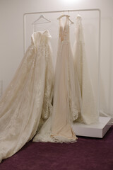 White Wedding dress on a shoulders, before ceremony