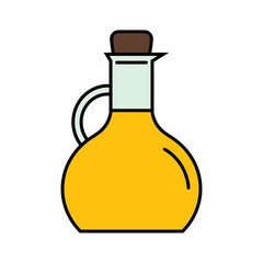 Sunflower oil icon. A glass jug with a stopper filled with yellow sunflower oil. Delicious and healthy food. Vector illustration isolated on a white background for design and web.