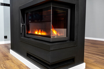 Burning wood in a modern fireplace with a closed combustion chamber standing in the living room, painted black, with a corner pane.