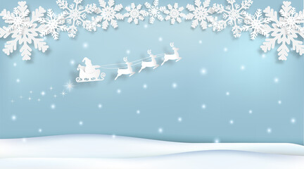 Fototapeta na wymiar Santa with sleigh and Snowflake Christmas season Paper art, Paper cut style illustration