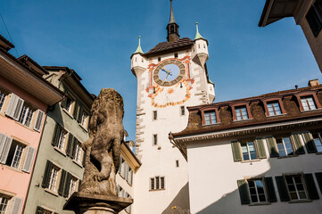 Baden, Stadtturm, Altstadt, Wehrturm, Löwenbrunnen, Limmattal, Aargau, Sommer, Schweiz