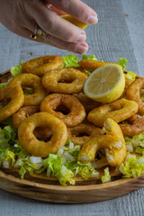 Calamares a la romana o rebozados, plato y tapa típica de los bares y restaurantes españoles. Comida de España
