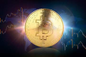 Bitcoin Gold Coin on graphic background, virtual cryptocurrency, 3d illustration