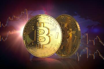 Bitcoin Gold Coin on graphic background, virtual cryptocurrency, 3d illustration