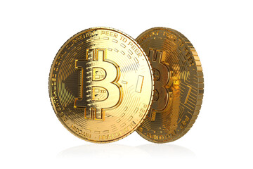 Bitcoin gold coin on white background, virtual cryptocurrency, 3d illustration