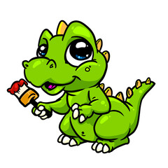 Little dinosaur funny character house painter paint brushes work art 