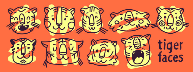 Vector emotional faces of tigers. Illustration with muzzles of wild cats for decor, postcards, stickers