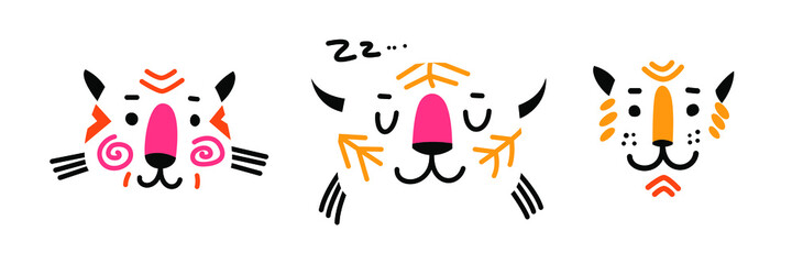 Vector cartoon illustration with cat heads. Allusion to animal faces