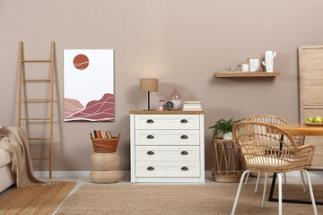 Obraz premium Modern living room with stylish wooden furniture. Interior design