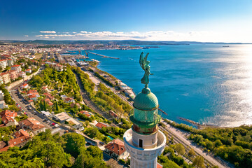 Trieste lighthouse Phare de la Victoire and cityscape panoramic aerial view - obrazy, fototapety, plakaty
