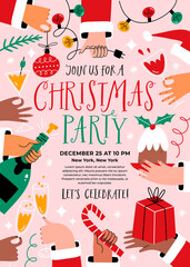 Merry Christmas Party Poster with hands holding holiday food, drink and decorations - 461449969
