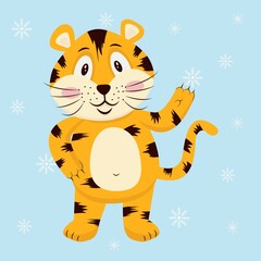 Funny tiger on a blue background with snowflakes. 