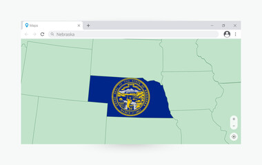 Browser window with map of Nebraska, searching  Nebraska in internet.