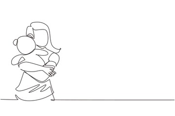 Single continuous line drawing cute teenage girl holding her teddy bear, young woman with teddy bear in hand. Young female hugging teddy bear stuffed animal. One line draw design vector illustration