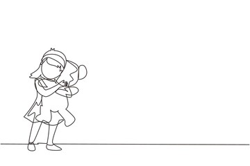 Single one line drawing cute little girl standing and hugging teddy bear. Portrait of expressive kid hugging her plush bear friend. Little girl playing. Continuous line draw design vector illustration