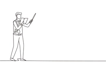 Single one line drawing man teacher standing with open book, pointer in front of classroom teaching lesson. Professor at university is giving lecture. Continuous line draw design vector illustration