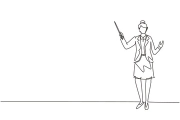 Single continuous line drawing school woman teacher standing with pointer. Lecturer, instructor, businesswoman for educational concepts, courses, trainings. One line draw design vector illustration